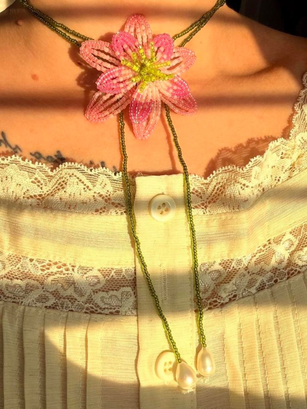 Handmade Pink and Green Beaded Choker